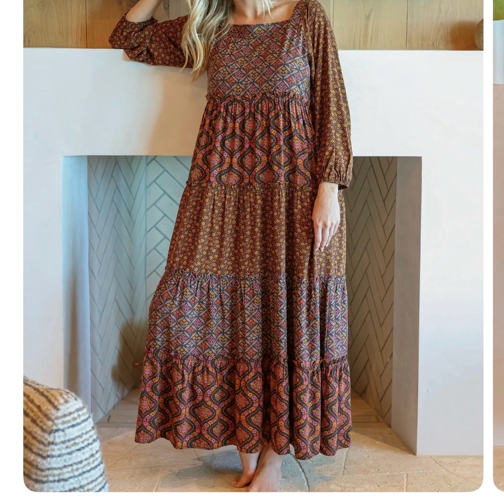 NATURAL LIFE Geometric Pattern Long Sleeve Dress